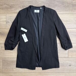 NWT Aritzia Babaton New Power Blazer Black‎ Linen Minimalist Open Ruched Size 10